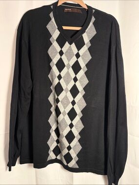 Perry Ellis Black V-Neck Sweater with Gray Argyle Stripe size: XXL
